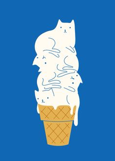 an ice cream cone with white icing and cats in it on a blue background