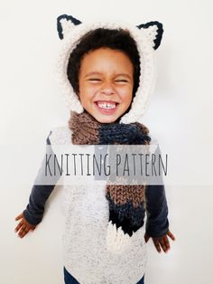 a young child wearing a knitted animal hat and scarf with the words knitting pattern on it