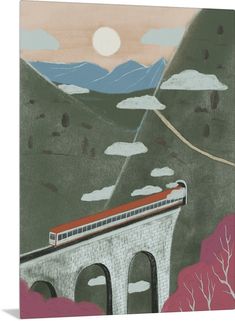 a painting of a train going over a bridge with mountains in the backgroud