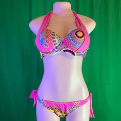 Women’s Swimsuit Pink, Yellow And Blue With Bird Feather Print Fitted Pink Swimwear For Spring, Pink Party Swimwear For Spring, Pink Printed Party Swimwear, Swimsuit Pink, Lacey Tops, Bird Feather, High Cut Swimsuit, Black Tankini, Printed Tankini