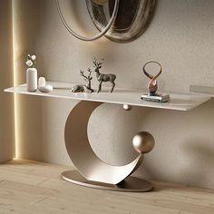 a modern console table in the shape of a circle with an abstract design on it