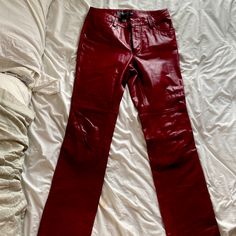 Bought In 1999 Dark Red Real Leather Us Size 4 Gap Brand Red Leather Workwear Pants, Vintage Red Pants With Pockets, Vintage Red Straight Leg Pants, Low Rise Red Leather Pants, Red Fitted Full-length Leather Pants, Red Leather Pants, Gap Brand, Gap Pants, Vintage Women