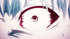 an anime character's eye is shown in the background