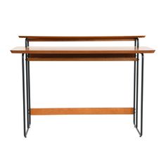 two wooden desks with metal legs on white background