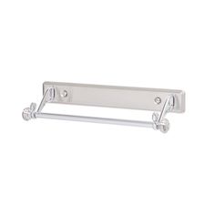 a metal shelf with two hooks on it