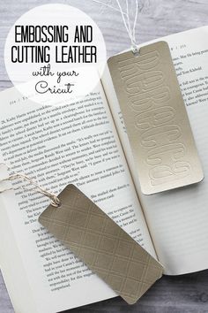 an open book with a tag that says embossing and cutting leather with your cricut