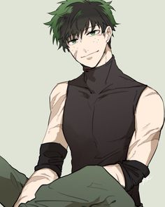 an anime character with green hair and black shirt sitting on the ground in front of a gray background