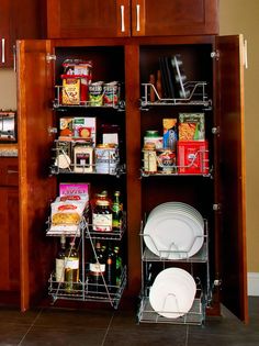 a kitchen pantry with lots of food in it