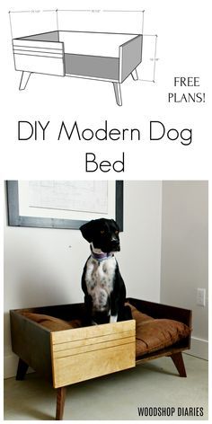 a dog sitting on top of a bed with the words diy modern dog bed