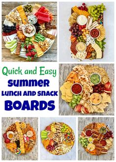 four different pictures with the words quick and easy summer lunch and snack boards on them