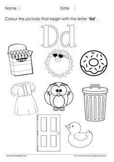 the letter d worksheet with pictures and words to be used for children's learning