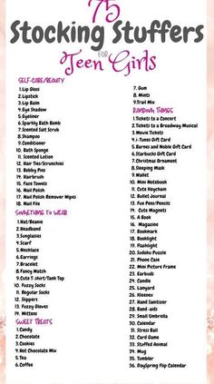 stocking stuff list for teen girls with pink flowers on the bottom and white background