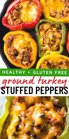 healthy and gluten free ground turkey stuffed peppers in a black skillet with text overlay