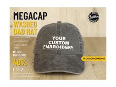 We specialize in custom embroidery. Personalize one of our Megacap dad hats with text or a logo. We work to ensure you get the best possible product or gift. For Text Embroidery Please Provide: 1. Your custom text 2. Font style 3. Thread color 4. Text location (Front, Back, etc.) 5. Artwork Size (Small, Medium, Large; If applicable) 6. Any Special Notes For Logo Embroidery: 1. Send logo through Etsy Messenger 2. Add details/specifics in comment section at the time of placing your order. Examples Profile Matching, Text Embroidery, Dad Cap, Thread Colors, Etsy Personalized Gifts, Dad Caps, Brass Buckle, Font Style, Font Styles