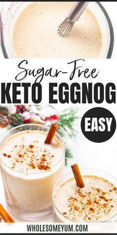 two glasses filled with keto eggnog and topped with cinnamon sticks