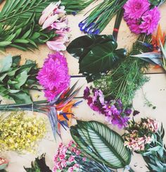 flowers and leaves laid out on the ground