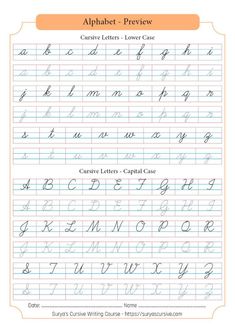 the upper and lower case of an english handwriting practice sheet with cursive letters