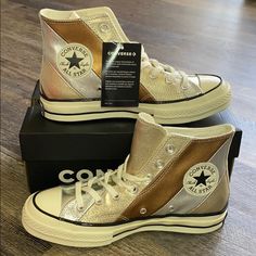 Converse Shoes For Women New Shoes With Box, No Lid 565882c Chuck 70 Hi Check Out My Store. I Got Vans, Nike, Michael Kors And Converse Silver Metallic Leather Sneakers With Round Toe, Converse Shoes For Women, Converse Platforms, Converse Gold, Converse Chuck 70, Chuck 70, Womens Converse, Converse Chuck, Chucks Converse