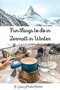 a person cooking food on top of a stove with the words fun things to do in zermatt in winter