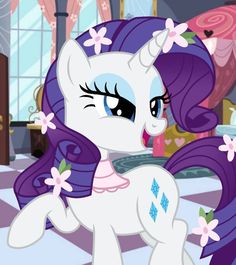 a pony with purple hair and flowers on it's head standing in front of a mirror