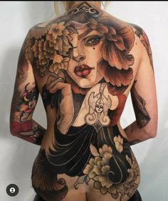 the back of a woman's body with tattoos on it