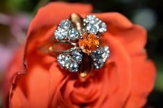 A Ladies 14K Yellow Gold Spessartite Garnet And Diamond Ring Set With 12 - 3 Mm Round Diamonds Having A Total Weight Of Approximately 1.20 Carats And A .87 Carat Round Spessartite Orange Garnet. Garnet And Diamond Ring, Spessartite Garnet, Diamond Ring Set, Diamond Ring Settings, Ring Set, Ring Sets, Round Diamonds, Garnet, Diamond Ring