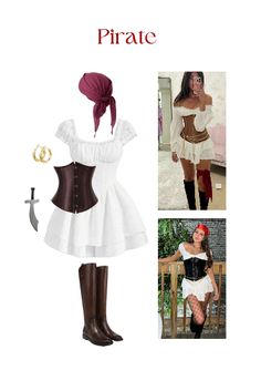 there is a woman wearing a corset and boots in the picture, she has her hands on her hips