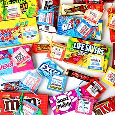 many different types of candy are laid out together