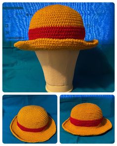 three pictures of a yellow hat with red stripes