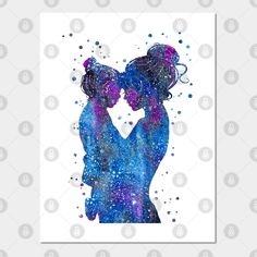 two people are kissing in the shape of watercolors with stars and bubbles around them