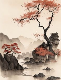 a pagoda with a red roof3 - Ai NordesignZZ Sakura Painting, Rocky Island, Chinese Drawings, Japanese Village, Japan Sakura, Japan Landscape, Landscape Japan, Art Chinois