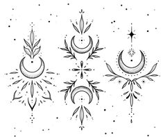 three phases of the moon with stars and crescents on them, vintage style tattoo design