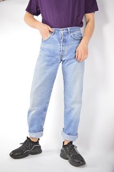 Vintage blue denim straight Jeans trousers {1303} PRODUCT INFO: Material - 100% COTTON / Size tag on item - 30 / WAIST - 76 CM / FULL LENGTH - 112 CM / 44 INCH / INSEAM - 85 CM / 33.5 INCH / Our model is 179 CM and normally wears a size 29/30   INFO: Due to item's vintage condition, the original tag might not show the true size. If you have any questions about this product or shipping just drop us a message and we will get back to you as soon as possible.    CONDITION: Please note that Hanger Vi Selvedge Straight Leg Jeans For Streetwear, Straight Selvedge Jeans For Streetwear, Blue Bottoms With Button Closure And Straight Hem, Light Wash Bottoms With Button Closure For Streetwear, Blue Jeans With Button Closure For Streetwear, High Rise Selvedge Jeans With Relaxed Fit, Medium Wash Straight Fit Tapered Leg Pants, Medium Wash Tapered Leg Straight Fit Pants, Relaxed Fit Jeans With Button Closure For Streetwear