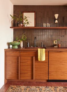 a kitchen with wooden cabinets and plants on the counter top, along with a rug