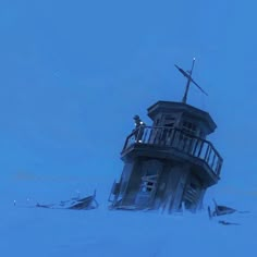 a tall tower with a cross on top of it in the snow