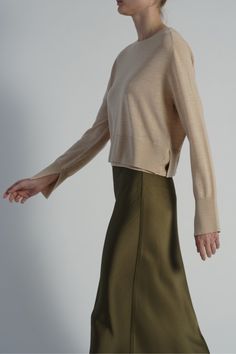 color-OLIVE Saint Art, Charmeuse Fabric, Tuxedo Pants, Outerwear Vest, New Pant, Black Midi Skirt, Knitwear Tops, Top Women, Skirts For Sale