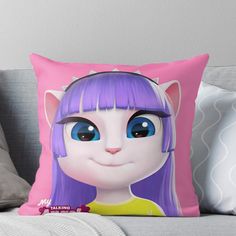 a cartoon cat with blue eyes and purple hair on a pink background throw pillow cover