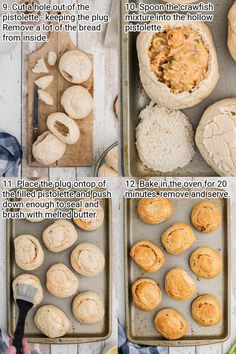 the steps to make chicken pot pies are shown in four different stages, including baking