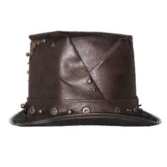 Steampunk Metallic Brown Unisex Spiked Leather Top Hat Steampunk Fitted Top Hat For Halloween, Fitted Steampunk Top Hat For Halloween, Fitted High Crown Top Hat For Cosplay, Vintage Fitted Top Hat For Cosplay, High Crown Cosplay Hat, Steampunk Costume Top Hat, Steampunk High Crown Top Hat For Cosplay, Gothic Fitted Top Hat For Cosplay, Gothic Fitted Hat With Short Brim