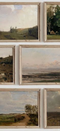 several paintings are hanging on the wall in front of each other, including sheep and trees