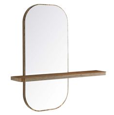 a wooden shelf with a mirror on it and a shelf below it that is holding a mirror