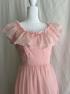 "This petite ruffled Prarie style bridesmaid dress was worn once for a wedding in 1981. It is in good vintage condition with two stains (pictured), a loose hem, and a few stray threads in the lining. There are belt loops sewn onto the waist, but the grosgrain ribbon is missing.  Measurements: Bust, taken flat PTP: 16\" Waist, taken flat: 11.5\" Hip, taken flat: 21.5\" Length, center of neckline to bottom of hem: 49\"" Summer Formal Vintage Ruffled Dress, Spring Vintage Dress With Ruffles For Formal Occasions, Spring Formal Vintage Dress With Ruffles, Vintage Formal Dress With Ruffles, 1950s Style Ruffled Formal Dresses, 1950s Formal Ruffled Dress, Fitted Ruffle Vintage Dress For Prom, 1950s Style Formal Ruffled Dresses, Fitted Vintage Ruffle Dress For Prom