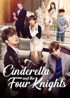 the poster for cinderella and the four knights shows young men in suits, standing around a couch