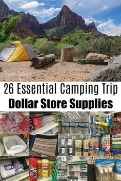 the collage shows different types of camping supplies