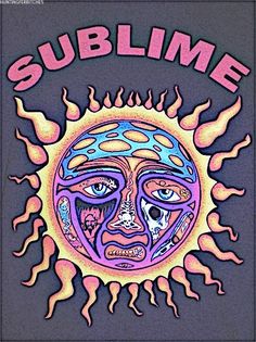 an image of a sun with the words sublime written in pink, blue and yellow