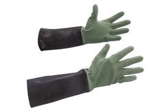 pair of green gloves with black wrist and fingertips