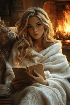 a woman sitting on a couch reading a book in front of a fire place with a blanket over her