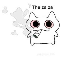 a white cat with pink eyes and the words,'the zaza'in front of it