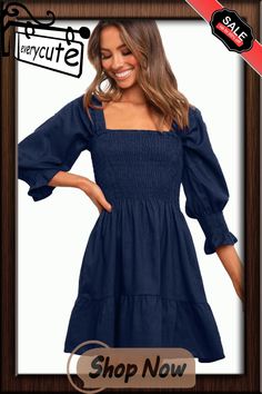 Blue Square Neck Smocked Balloon Sleeve A-line Dress Casual A-line Mini Dress With Smocked Bodice, Spring A-line Smocked Dress, Women Dresses Casual, Blue Square, Women Dresses, Dresses Casual, Women's Fashion Dresses, Casual Dresses For Women, Square Neck