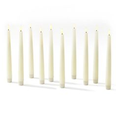 seven candles lined up in a row on a white background